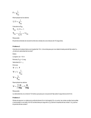 Reemplazamos los valores
Calculamos Tseg
Respuesta:
El periodo (intervalo de duración entre dos crestas de una onda) es de 10 segundos.
Problema 2
Una ola en el océano tiene una longitud de 10 m. Una onda pasa por una determinada posición fija cada 2 s.
¿Cuál es la velocidad de la onda?
Datos:
Longitud (λ) = 10 m
Periodo (Tseg) = 2 seg
Velocidad (V) = ¿
Fórmula:
Reemplazamos valores
Respuesta:
La velocidad de una onda de 10 metros que pasa por una posición fija cada 2 segundos es de 5 m/s
Problema 3
Ondas de agua en un plato poco profundo tienen 6 cm de longitud.En un punto, las ondas oscilan hacia arriba
y hacia abajo a una razón de 4,8 oscilaciones por segundo.a) ¿Cuál es la rapidezde las ondas?,b) ¿cuál es
el periodo de las ondas?
 