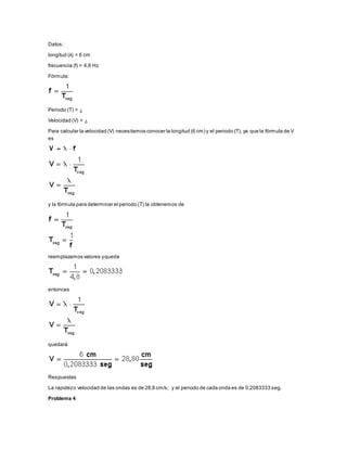Datos:
longitud (λ) = 6 cm
frecuencia (f) = 4,8 Hz
Fórmula:
Periodo (T) = ¿
Velocidad (V) = ¿
Para calcular la velocidad (V) necesitamos conocer la longitud (6 cm) y el periodo (T), ya que la fórmula de V
es
y la fórmula para determinar el periodo (T) la obtenemos de
reemplazamos valores yqueda
entonces
quedará
Respuestas
La rapidezo velocidad de las ondas es de 28,8 cm/s; y el periodo de cada onda es de 0,2083333 seg.
Problema 4
 