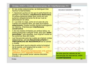 Ondas (XXV): Ondas estacionarias (II): Interferencias (V)
•   En las ondas estacionarias, se distinguen tres
    hechos fundamentales:
•   1.-Aparecen puntos en los que la perturbación es
    siempre nula (Nodos), interferencia destructiva.
    Si ambos extremos están fijos (como en una
    guitarra) obligatoriamente ha de ser nula la
    perturbación en ellos.
•   2.- La onda no viaja, como en el caso de una
    cuerda con extremo libre, por esto se le llama
    estacionaria. Existen puntos donde la elongación
    es máxima, (Vientres),por interferencia
    constructiva
•   3.-En los medios limitados por ambos lados, no
    podrá producirse cualquier onda, sino que “están
    permitidas” solo aquellas, que originan nodos en
    los extremos fijos del medio.
•   Las frecuencias para las cuales se originan ondas
    estacionarias, son las frecuencias propias o
    FRECUENCIAS DE RESONANCIA de la cuerda
    o muelle
•   Se puede decir que la relación entre la longitud
    de la cuerda, y la longitud de la onda L=nλ/2, o
                           λ.ν)
    tambien ν=nv/2L. (v=λ.ν)
•   Para n=1, frecuencia fundamental; n=2, primer
    armónico; n=3, segundo armónico……..etc..            Se dice que los valores de las
    Donde n solo puede tomar valores discretos
    (1,2,3,4…)                                          frecuencias de resonancia, están
                                                        CUANTIZADOS
    Ondas                                                                            25
 