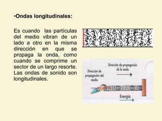 •Ondas longitudinales:
Es cuando las partículas
del medio vibran de un
lado a otro en la misma
dirección en que se
propaga la onda, como
cuando se comprime un
sector de un largo resorte.
Las ondas de sonido son
longitudinales.
 