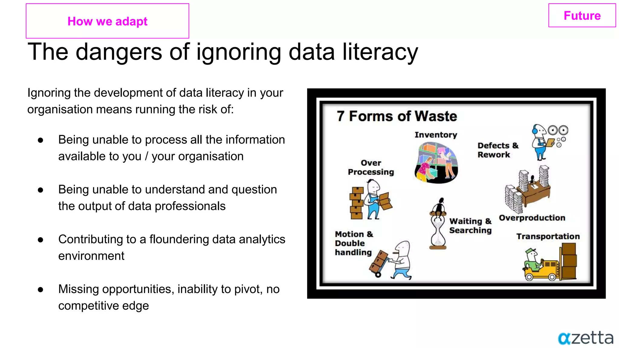 The dangers of ignoring data literacy
Ignoring the development of data literacy in your
organisation means running the risk of:
● Being unable to process all the information
available to you / your organisation
● Being unable to understand and question
the output of data professionals
● Contributing to a floundering data analytics
environment
● Missing opportunities, inability to pivot, no
competitive edge
FutureHow we adapt
 