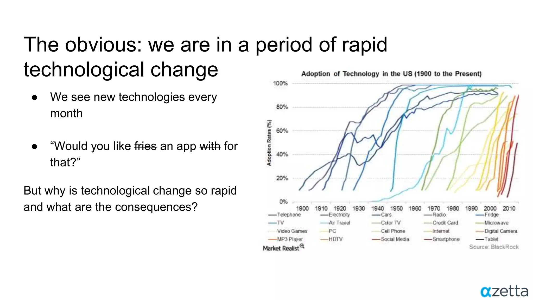 The obvious: we are in a period of rapid
technological change
● We see new technologies every
month
● “Would you like fries an app with for
that?”
But why is technological change so rapid
and what are the consequences?
“The only way to win is to learn
faster than anyone else.”
“The only way to win is to learn
faster than anyone else.”
 