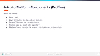 Conﬁdential do not distribute 12
Intro to Platform Components (Proﬁles)
What are Proﬁles?
● Helm chart
● Layer annotation for dependency ordering
● Default Values set for the organisation
● Proﬁles repo is a local Helm repository
● Platform Teams manage the repository and releases of Helm charts
 