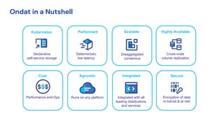 https://docs.goo
gle.com/present
ation/d/18PtPs1
7XmtQ8FL6kSu
gjTpnF0RX7eQ
cZ/edit#slide=id.
p21
Highly Available
Performant Scalable
Secure
Agnostic Integrated
Cross-node
volume replication
Deterministic
low latency
Disaggregated
consensus
Encryption of data
in-transit & at rest
Runs on any platform Integrated with all
leading distributions
and services
Kubernetes
Cost
Performance and Ops
Declarative
self-service storage
Ondat in a Nutshell
 