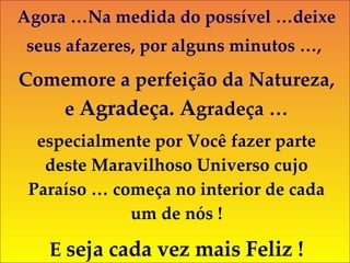 Agora …Na medida do possível …deixe seus afazeres, por alguns minutos …,   Comemore a perfeição da Natureza, e  Agradeça. A gradeça … especialmente por Você fazer parte deste Maravilhoso Universo cujo Paraíso … começa no interior de cada um de nós ! E  seja cada vez mais Feliz ! Conforme a Vontade de Deus !  