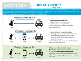 Stranger Economy 1.0:
• Human to human interactions
• Badges (and the organizations they
represent) serve as a proxy for trust
• Use of technology is minimal, meters are
used to calculate fair
Stranger Economy 2.0:
Tech Person
• Human to tech to human interactions
• Technology replaces traditional forms of signage
• Trust in tech (and the individuals and VC
behind it) allows for us to overcome fear of
unverified strangers
• Use of technology is moderate, but still reliant on
human to human interactions.
Stranger Economy 3.0:
Tech Tech
• Human to tech to tech interactions
• Technology replaces all stages of the service, and
in some ways, becomes the new stranger
• Previous faith in tech allows us to trust new tech
• Use of technology is significant, human interaction
is minimal
Lets%think%about%the%Stranger%Economy%in%the%same%way%that%we%think%of%the%changing%web%experience%9%Various%itera;ons%(IE%web%1.0%vs%web%2.0)%of%
the%same%thing,%deﬁned%by%evolving%parameters,%capabili;es,%and%experiences.%Through%this%lens,%we%can%visualize%Stranger%Economy%1.0%as%where%we%
started,%2.0%as%where%we%currently%are,%and%3.0%as%the%economy%and%experience%to%come.
Below&is&one&of&many&possible&examples&of&the&three&stages&in&the&Stranger&Economy
PersonUser
What’s Next?S O F T S E R V
User
User
By#William#Moseley
 
