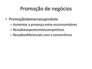 Promoção de negóciosPromoçãodamarcaouprodutoAumentar a presença entre osconsumidoresRessaltaraspectosmaiscompetitivosRessaltardiferenciais com a concorrência