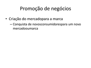 Promoção de negóciosCriação do mercadopara a marcaConquista de novosconsumidorespara um novo mercadooumarca