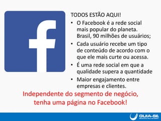 TODOS ESTÃO AQUI!
• O Facebook é a rede social
mais popular do planeta.
Brasil, 90 milhões de usuários;
• Cada usuário recebe um tipo
de conteúdo de acordo com o
que ele mais curte ou acessa.
• É uma rede social em que a
qualidade supera a quantidade
• Maior engajamento entre
empresas e clientes.
Independente do segmento de negócio,
tenha uma página no Facebook!
 