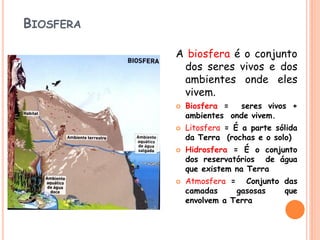 BIOSFERA

           A biosfera é o conjunto
            dos seres vivos e dos
            ambientes onde eles
            vivem.
              Biosfera =  seres vivos +
               ambientes onde vivem.
              Litosfera = É a parte sólida
               da Terra (rochas e o solo)
              Hidrosfera = É o conjunto
               dos reservatórios de água
               que existem na Terra
              Atmosfera = Conjunto das
               camadas     gasosas  que
               envolvem a Terra
 