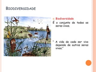 BIODIVERSIDADE

                    Biodiversidade
                 É o conjunto de todos os
                   seres vivos.




                 “ A vida de cada ser vivo
                   depende de outros seres
                   vivos.”
 