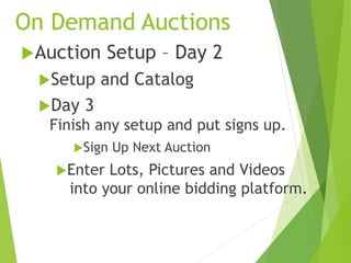 On Demand Auctions
Auction Setup – Day 2
Setup and Catalog
Day 3
Finish any setup and put signs up.
Sign Up Next Auction
Enter Lots, Pictures and Videos
into your online bidding platform.
 
