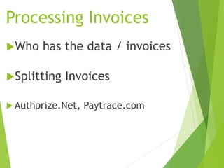 Processing Invoices
Who has the data / invoices
Splitting Invoices
 Authorize.Net, Paytrace.com
 