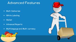 Advanced Features
➢ Multi Deliveries
➢ White Labeling
➢ Wallet
➢ Advanced Reports
➢ Multilanguage and Multi currency
 