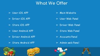 What We Offer
➢ User iOS APP
➢ Driver iOS APP
➢ Store iOS APP
➢ User Android APP
➢ Driver Android APP
➢ Store Android APP
➢ Main Website
➢ User Web Panel
➢ Driver Web Panel
➢ Store Web Panel
➢ Accounts Panel
➢ Admin web Panel
 