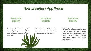 How LawnGuru App Works
Set up your
property
Set up your
property
Set up your
property
Set property and get a fair
price & your provider also
gets to know about where
to work.
Let us know what service
you need like garden
care, lawn, snow, etc.
After the job is complete, pay
the money to the service
provider using the card. and
also rate your service
provider based on your
experience.
 