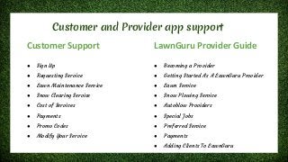 Customer and Provider app support
Customer Support
● Sign Up
● Requesting Service
● Lawn Maintenance Service
● Snow Clearing Service
● Cost of Services
● Payments
● Promo Codes
● Modify Your Service
LawnGuru Provider Guide
● Becoming a Provider
● Getting Started As A LawnGuru Provider
● Lawn Service
● Snow Plowing Service
● Autoblow Providers
● Special Jobs
● Preferred Service
● Payments
● Adding Clients To LawnGuru
 