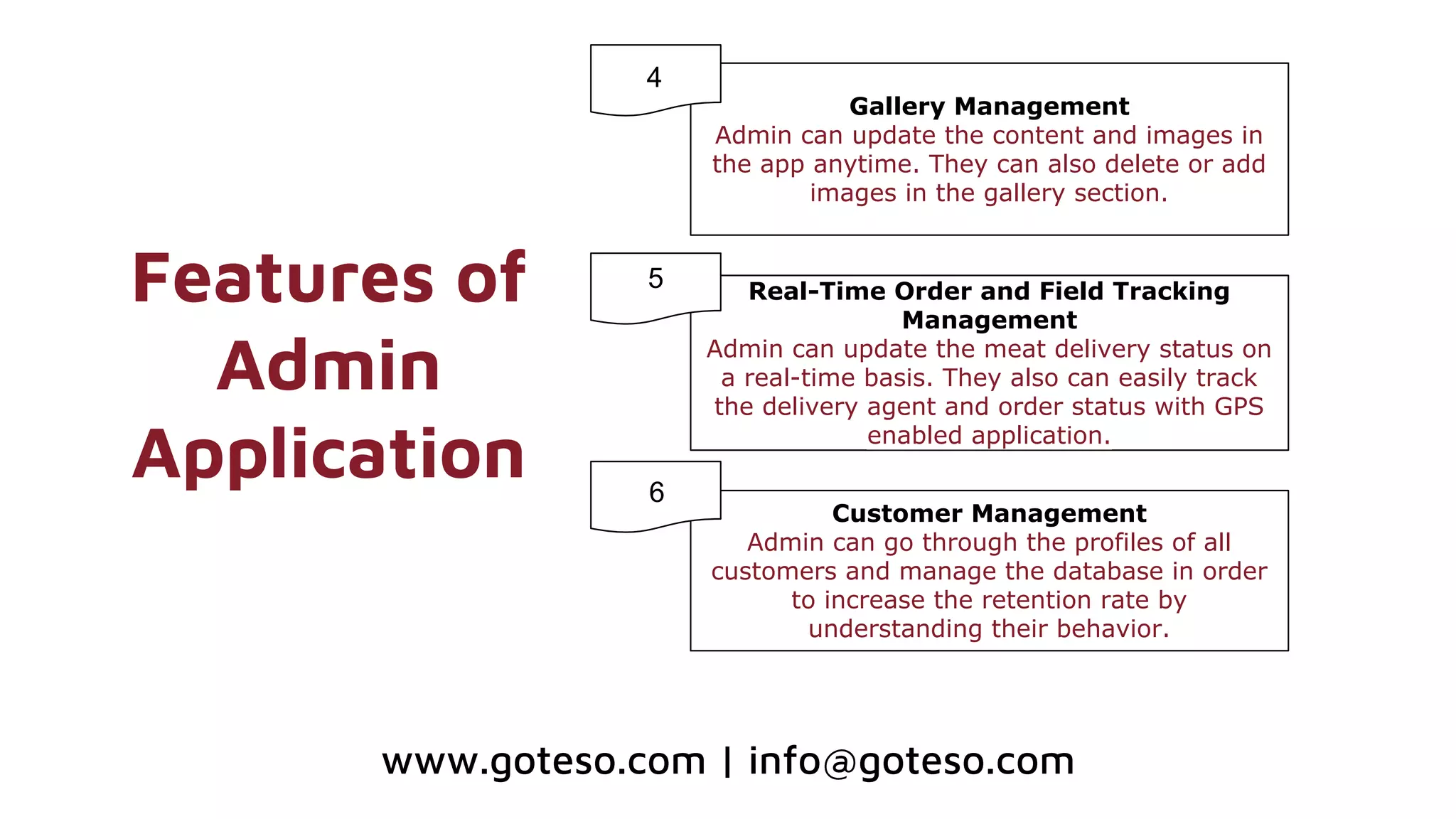 Features of
Admin
Application
Gallery Management
Admin can update the content and images in
the app anytime. They can also delete or add
images in the gallery section.
Real-Time Order and Field Tracking
Management
Admin can update the meat delivery status on
a real-time basis. They also can easily track
the delivery agent and order status with GPS
enabled application.
Customer Management
Admin can go through the profiles of all
customers and manage the database in order
to increase the retention rate by
understanding their behavior.
4
5
6
www.goteso.com | info@goteso.com
 
