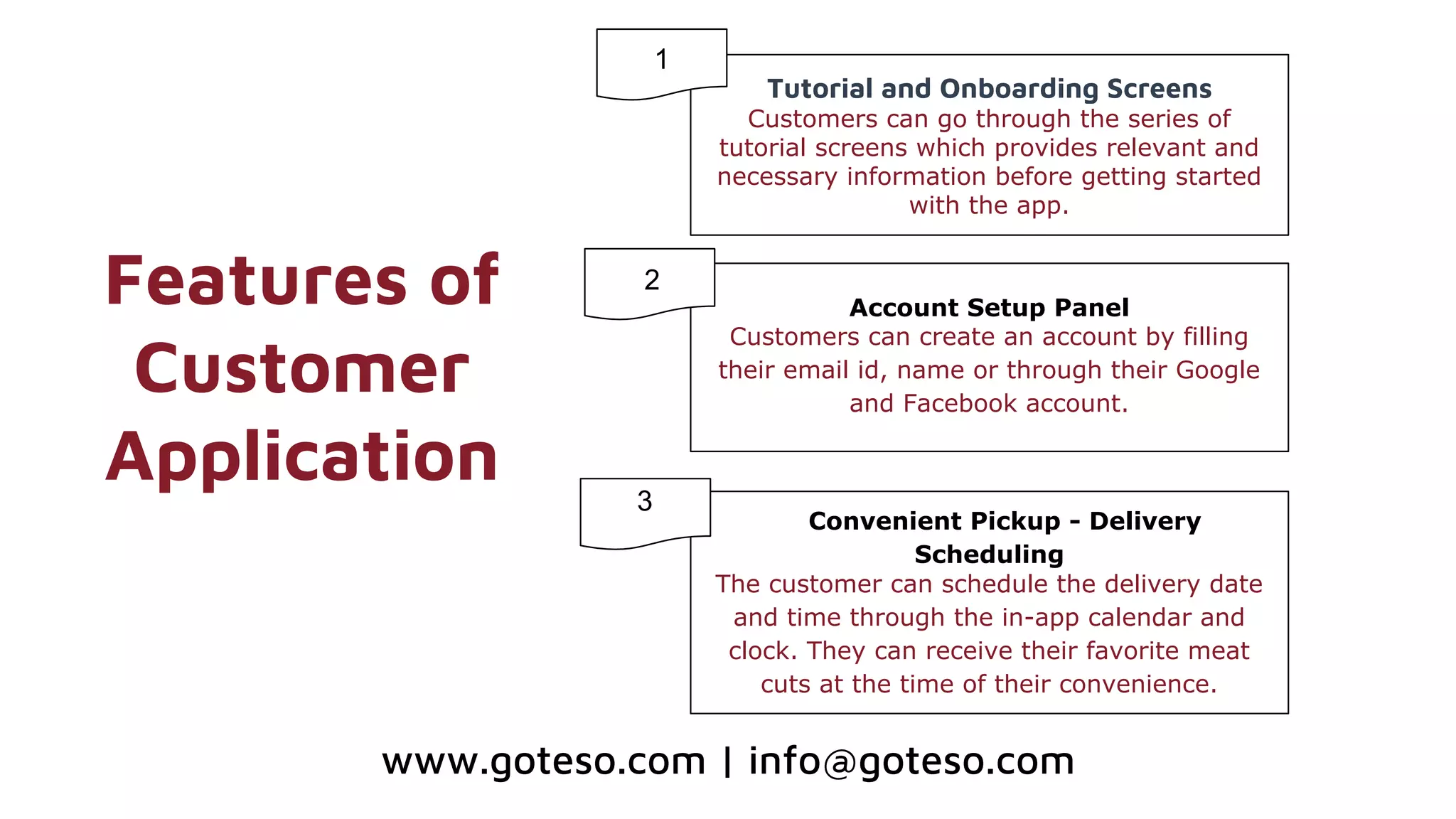 Features of
Customer
Application
Tutorial and Onboarding Screens
Customers can go through the series of
tutorial screens which provides relevant and
necessary information before getting started
with the app.
Account Setup Panel
Customers can create an account by filling
their email id, name or through their Google
and Facebook account.
Convenient Pickup - Delivery
Scheduling
The customer can schedule the delivery date
and time through the in-app calendar and
clock. They can receive their favorite meat
cuts at the time of their convenience.
1
2
3
www.goteso.com | info@goteso.com
 