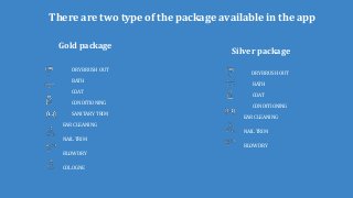 DRY BRUSH OUT
BATH
COAT
CONDITIONING
SANITARY TRIM
EAR CLEANING
NAIL TRIM
BLOW DRY
COLOGNE
DRY BRUSH OUT
BATH
COAT
CONDITIONING
EAR CLEANING
NAIL TRIM
BLOW DRY
Gold package
Silver package
There are two type of the package available in the app
 