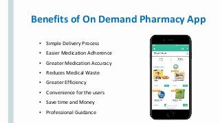 Benefits of On Demand Pharmacy App
▪ Simple Delivery Process
▪ Easier Medication Adherence
▪ Greater Medication Accuracy
▪ Reduces Medical Waste
▪ Greater Efficiency
▪ Convenience for the users
▪ Save time and Money
▪ Professional Guidance
 