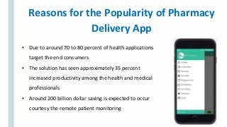 Reasons for the Popularity of Pharmacy
Delivery App
▪ Due to around 70 to 80 percent of health applications
target the end consumers
▪ The solution has seen approximately 35 percent
increased productivity among the health and medical
professionals
▪ Around 200 billion dollar saving is expected to occur
courtesy the remote patient monitoring
 