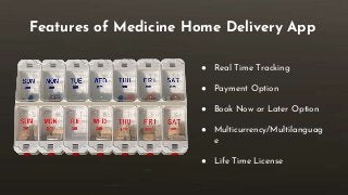 Features of Medicine Home Delivery App
● Real Time Tracking
● Payment Option
● Book Now or Later Option
● Multicurrency/Multilanguag
e
● Life Time License
 