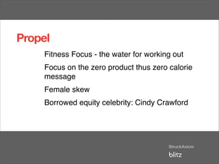 Propel
     Fitness Focus - the water for working out
     Focus on the zero product thus zero calorie
     message
     Female skew
     Borrowed equity celebrity: Cindy Crawford
 