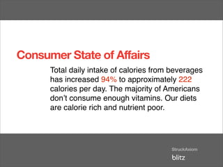 Consumer State of Affairs
      Total daily intake of calories from beverages
      has increased 94% to approximately 222
      calories per day. The majority of Americans
      donʼt consume enough vitamins. Our diets
      are calorie rich and nutrient poor.
 