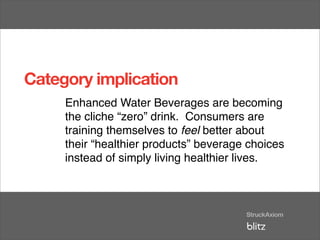 Category implication
     Enhanced Water Beverages are becoming
     the cliche “zero” drink. Consumers are
     training themselves to feel better about
     their “healthier products” beverage choices
     instead of simply living healthier lives.
 