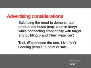 Advertising considerations
     Balancing the need to demonstrate
     product attributes (cap, vitamin story)
     while connecting emotionally with target
     and building brand (“turn water on”)

     Trial, (Experience the turn, Live “on”)
     Leading people to point of sale
 