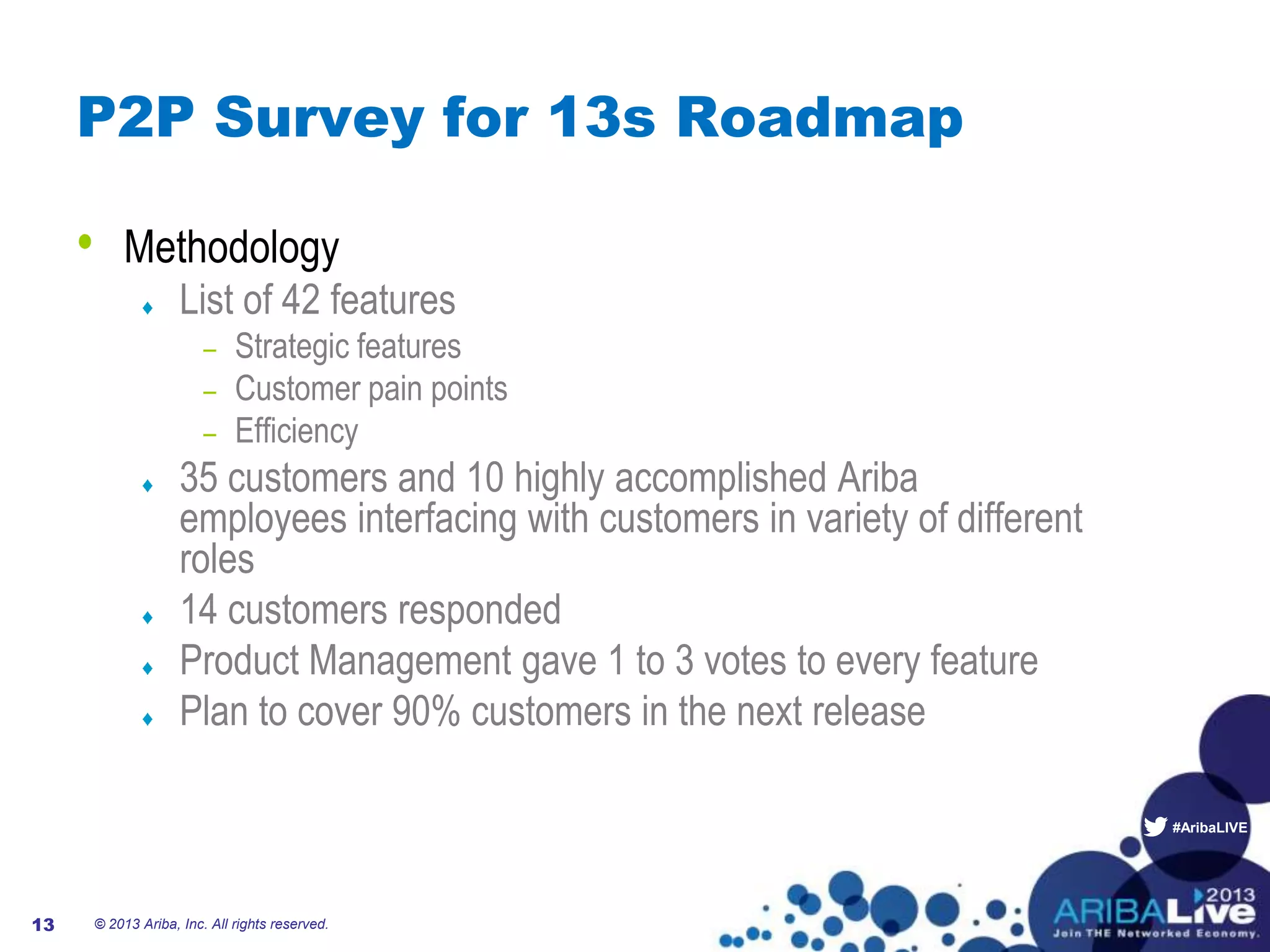 #AribaLIVE
P2P Survey for 13s Roadmap
• Methodology
List of 42 features
– Strategic features
– Customer pain points
– Efficiency
35 customers and 10 highly accomplished Ariba
employees interfacing with customers in variety of different
roles
14 customers responded
Product Management gave 1 to 3 votes to every feature
Plan to cover 90% customers in the next release
© 2013 Ariba, Inc. All rights reserved.13
 