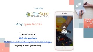 THANKS
Any questions?
8
You can find us at
biz@esiteworld.com
https://www.esiteworld.com/service-on-demand-apps/
+1(858)427-0668 (Worldwide)
 