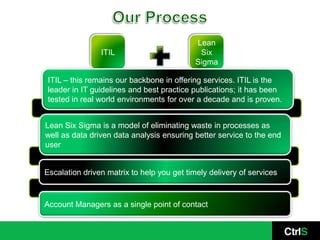 Lean
                ITIL                         Six
                                            Sigma

 ITIL – this remains our backbone in offering services. ITIL is the
 leader in IT guidelines and best practice publications; it has been
 tested in real world environments for over a decade and is proven.


Lean Six Sigma is a model of eliminating waste in processes as
well as data driven data analysis ensuring better service to the end
user


Escalation driven matrix to help you get timely delivery of services



Account Managers as a single point of contact
 