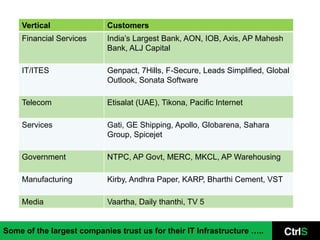 Vertical              Customers
     Financial Services    India’s Largest Bank, AON, IOB, Axis, AP Mahesh
                           Bank, ALJ Capital

     IT/ITES               Genpact, 7Hills, F-Secure, Leads Simplified, Global
                           Outlook, Sonata Software

     Telecom               Etisalat (UAE), Tikona, Pacific Internet

     Services              Gati, GE Shipping, Apollo, Globarena, Sahara
                           Group, Spicejet

     Government            NTPC, AP Govt, MERC, MKCL, AP Warehousing

     Manufacturing         Kirby, Andhra Paper, KARP, Bharthi Cement, VST

     Media                 Vaartha, Daily thanthi, TV 5


Some of the largest companies trust us for their IT Infrastructure …..
 
