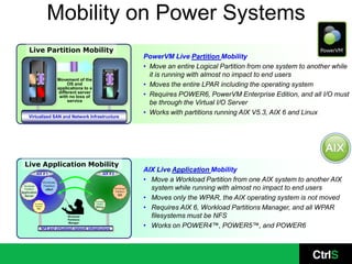 Mobility on Power Systems
     Live Partition Mobility
                                                                                  PowerVM Live Partition Mobility
                                                                                  • Move an entire Logical Partition from one system to another while
                                                                                    it is running with almost no impact to end users
                                 Movement of the
                                       OS and
                                 applications to a
                                                                                  • Moves the entire LPAR including the operating system
                                  different server
                                  with no loss of                                 • Requires POWER6, PowerVM Enterprise Edition, and all I/O must
                                       service
                                                                                    be through the Virtual I/O Server
                                                                                  • Works with partitions running AIX V5.3, AIX 6 and Linux
     Virtualized SAN and Network Infrastructure




  Live Application Mobility
              AIX # 1                                       AIX # 2
                                                                                  AIX Live Application Mobility
                     Workload
                                                                                  • Move a Workload Partition from one AIX system to another AIX
                     Partition
 Workload
 Partition            eMail                                           Workload
                                                                      Partition
                                                                                    system while running with almost no impact to end users
Application

                                                                                  • Moves only the WPAR, the AIX operating system is not moved
  Server                                                                QA

                                                     Workload
             Workload

                                                                                  • Requires AIX 6, Workload Partitions Manager, and all WPAR
                                                     Partition
             Partition                               Billing
              Web



                                      Workload
                                      Partitions
                                                                                    filesystems must be NFS
                                                                                  • Works on POWER4™, POWER5™, and POWER6
                                      Manager

                   NFS and virtualized network infrastructure
 