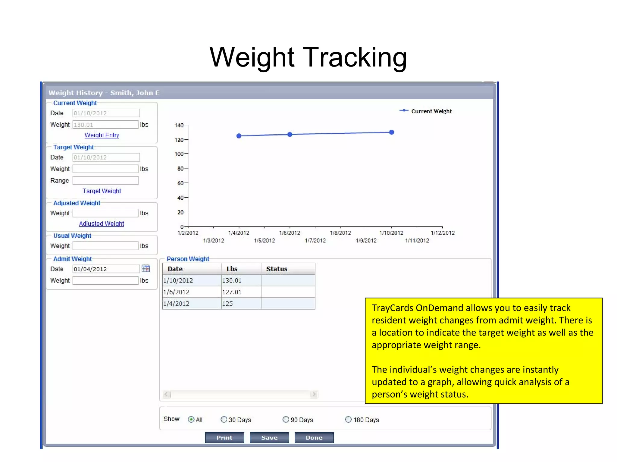 Weight Tracking




            TrayCards OnDemand allows you to easily track 
            resident weight changes from admit weight. There is 
            a location to indicate the target weight as well as the 
            appropriate weight range. 

            The individual’s weight changes are instantly 
            updated to a graph, allowing quick analysis of a 
            person’s weight status. 
 