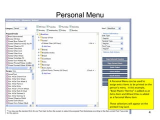 Personal Menu




                A Personal Menu can be used to 
                assign extra items to be printed on the 
                person’s menu.  In this example, 
                “Bowl Plastic Thermo” is added as an 
                Extra Item and Wheat Chex is added 
                as a Personal Menu item. 

                These selections will appear on the 
                printed Tray Card.

                                                       4
 