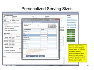 Personalized Serving Sizes




                        You can adjust serving 
                        sizes by menu category 
                        and by meal. By ensuring 
                        that each person is 
                        getting enough of what 
                        they want and not too 
                        much of what they don’t, 
                        people will be happy and 
                        money will be saved.


                                                    6
 