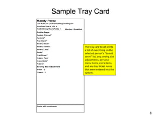 Sample Tray Card



         The tray card ticket prints 
         a list of everything on the 
         selected person’s “do not 
         serve” list, any serving size 
         adjustments, personal 
         menu items, extra items, 
         and any tray ticket notes 
         that were entered into the 
         system.




                                          8
 