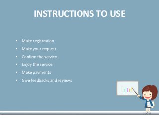 INSTRUCTIONS TO USE
• Make registration
• Make your request
• Confirm the service
• Enjoy the service
• Make payments
• Give feedbacks and reviews
 