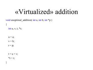 « Virtualized »  addition <ul><li>void  unoptimal_addition(  int  a,  int  b,  int  *p ) </li></ul><ul><li>{ </li></ul><ul...