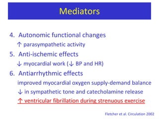 MediatorsAntiatherogeniceffectsAntithromboticeffects↓plasma fibrinogen levels↑ plasminogen activator↑ active tissue plasminogen activator↓ plasminogenactivatorinhibitorEndothelialfunctionalterationrelease of endothelium-derivedrelaxing (NO)Fletcher et al. Circulation 2002