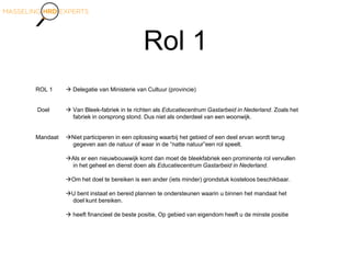 Rol 1
ROL 1  Delegatie van Ministerie van Cultuur (provincie)
Doel  Van Bleek-fabriek in te richten als Educatiecentrum Gastarbeid in Nederland. Zoals het
fabriek in oorsprong stond. Dus niet als onderdeel van een woonwijk.
Mandaat Niet participeren in een oplossing waarbij het gebied of een deel ervan wordt terug
gegeven aan de natuur of waar in de “natte natuur”een rol speelt.
Als er een nieuwbouwwijk komt dan moet de bleekfabriek een prominente rol vervullen
in het geheel en dienst doen als Educatiecentrum Gastarbeid in Nederland.
Om het doel te bereiken is een ander (iets minder) grondstuk kosteloos beschikbaar.
U bent instaat en bereid plannen te ondersteunen waarin u binnen het mandaat het
doel kunt bereiken.
 heeft financieel de beste positie, Op gebied van eigendom heeft u de minste positie
 