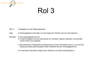 Rol 3
ROL 3  Delegatie de rivier (Rijkswaterstaat)
Doel  Overloopgebied in het kader van het programma ‘Ruimte voor de rivier’realiseren
Mandaat  Het overloopgebied komt er!
 U heeft het gebied rond de oude fabriek al in het bezit. Helaas is daardoor uw financiële
ruimte tot het 0 punt gedaald.
 Educatiecentrum Gastarbeid of congrescentrum of een combinatie ervan is u om het even
zolang de andere partij het gebied maar ontwikkelt met een overloopgebied erin.
 U heeft geen financiële armslag meer. Waardoor uw positie weinig flexibel is.
 