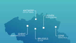 LEUVEN
HEADQUARTERS
GHENT
SMART APPLICATIONS
ANTWERP
CITY OF THINGS
W
BRUSSELS
EU HUB
W
GENK
ENERGYVILLE
 