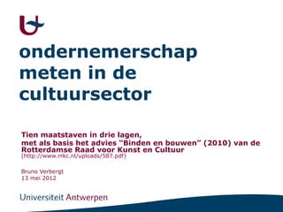 ondernemerschap
meten in de
cultuursector

Tien maatstaven in drie lagen,
met als basis het advies “Binden en bouwen” (2010) van de
Rotterdamse Raad voor Kunst en Cultuur
(http://www.rrkc.nl/uploads/587.pdf)

Bruno Verbergt
13 mei 2012
 