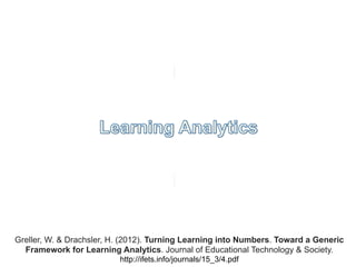 ``
`
16
Greller, W. & Drachsler, H. (2012). Turning Learning into Numbers. Toward a Generic
Framework for Learning Analytics. Journal of Educational Technology & Society.
http://ifets.info/journals/15_3/4.pdf
Visualiz.
 