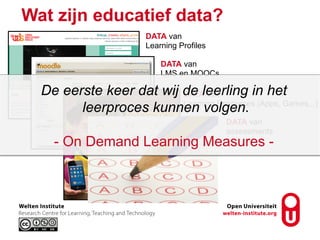 ``
`
DATA van
Learning Profiles
DATA van
LMS en MOOCs
DATA van
Learning Resources (Apps, Games,..)
DATA van
assessments
Wat zijn educatief data?
De eerste keer dat wij de leerling in het
leerproces kunnen volgen.
- On Demand Learning Measures -
 