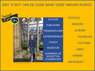GOOGLE
AMAZON
ALIBABA
FACEBOOK
YOUTUBE
UBER
AIRBNB
MICROSOFT
2007  2017: VAN DE OUDE NAAR ‘ONZE’ NIEUWE RUIMTE
AUTHOR
PUBLISHER
TRENDWATCHER
ENTREPRENEUR
COACH
INVESTOR
CHAIRMAN OF
SOCIETY30
FOUNDATION
Foto credit: Fotostudio Gerry Hurkmans
 